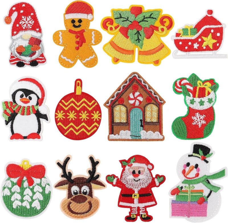 mortd 12 Pieces Christmas Iron On Patches, Santa Claus Deer Snowman Embroidered Patches, Christmas Patches Sew on Iron on Embroidered for Xmas DIY Craft Clothing Bags Decor Party Supplies - Image 1
